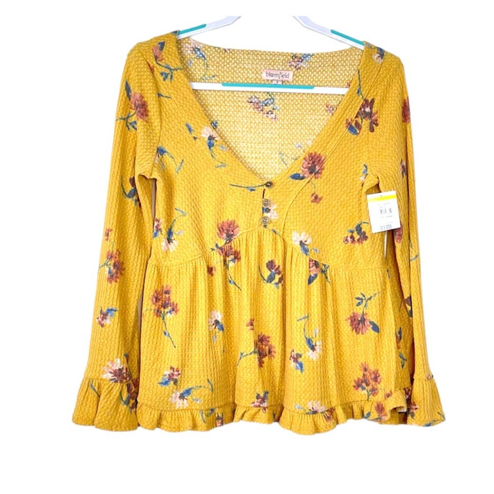 Bloomfield Yellow Long Sleeve Floral Waffle Knit V Neck Top NWT Size Small